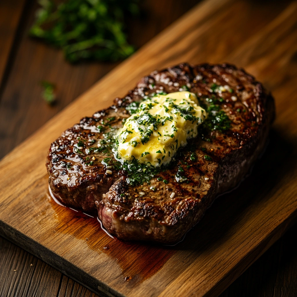 Juicy air fryer steak with garlic butter on cutting board