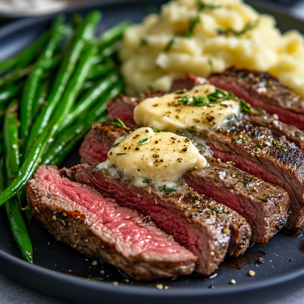 Air fryer steak served with butter and sides