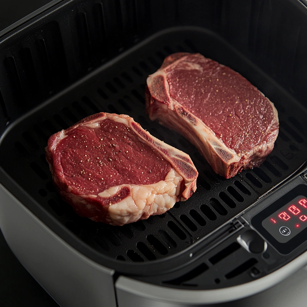 Steaks placed in air fryer basket before cooking