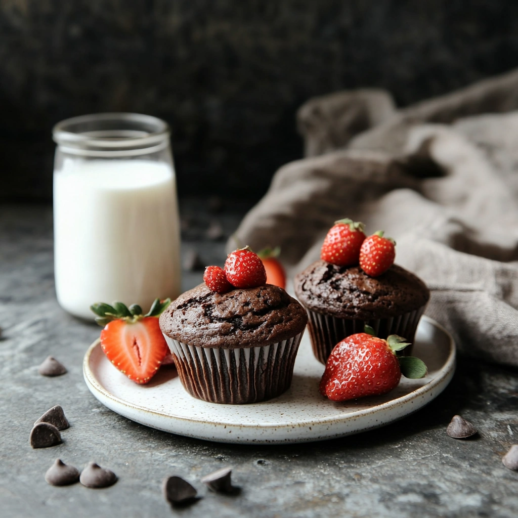 Served double chocolate muffins with fruit