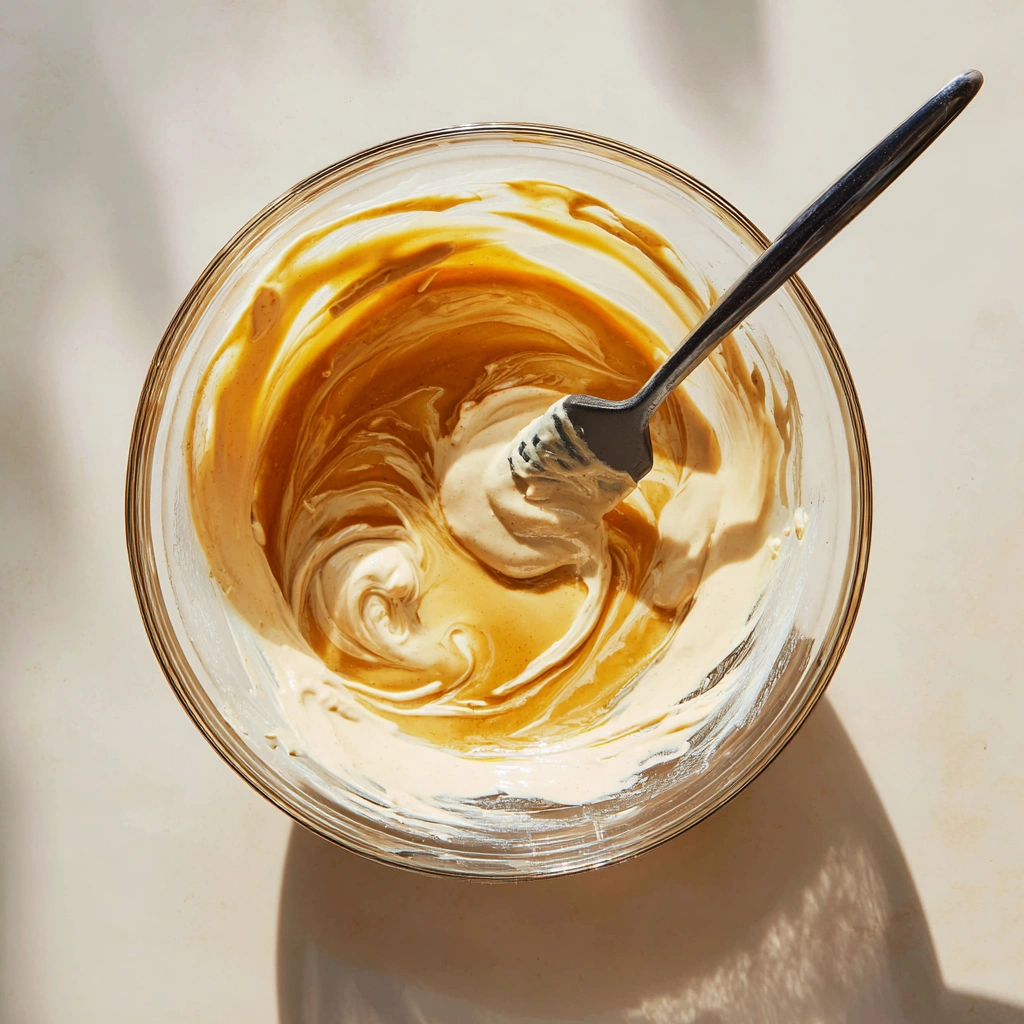 Mixing maple syrup and tahini for oat cookies